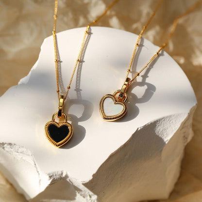 Black and White Heart Necklace in Gold