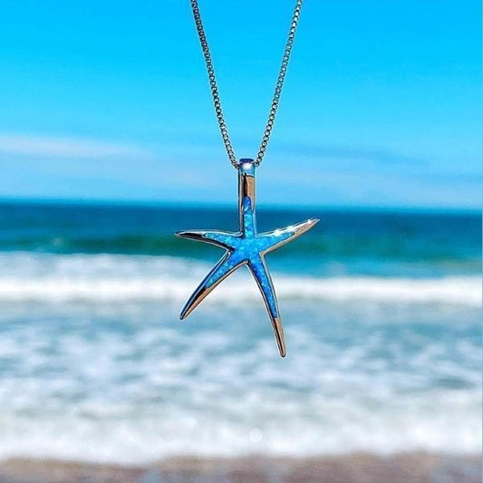 Blue Opal and Silver Starfish Necklace Unique Joyas