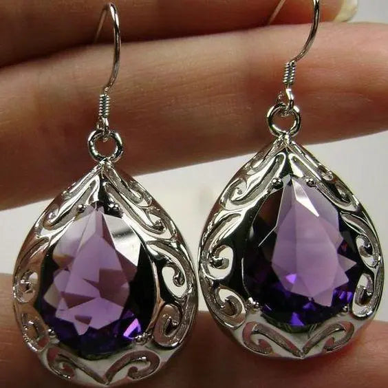 Vintage Silver Earrings with Purple Crystal Drops