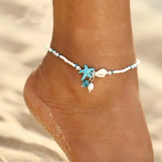 Star and Shell Anklet Bracelet with Natural Stones Unique Joyas