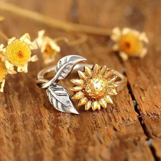 Adjustable Gold Sunflower Ring Unique Joyas