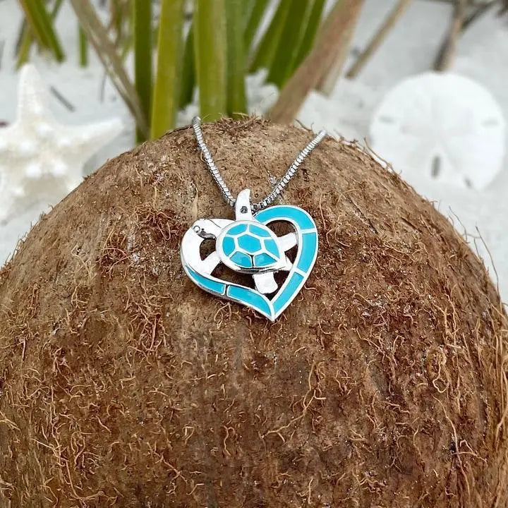 Turtle Heart Necklace Blue and Silver