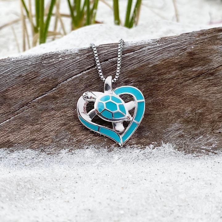 Turtle Heart Necklace Blue and Silver