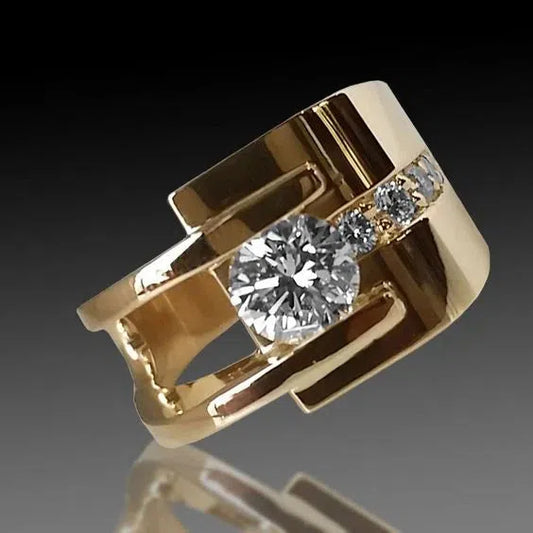 Vintage Golden Irregular Zirconia Ring Unique Joyas