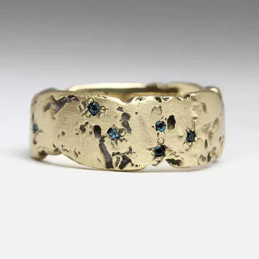 Vintage Golden Forged Ring with Blue Inlay Crystal Unique Joyas