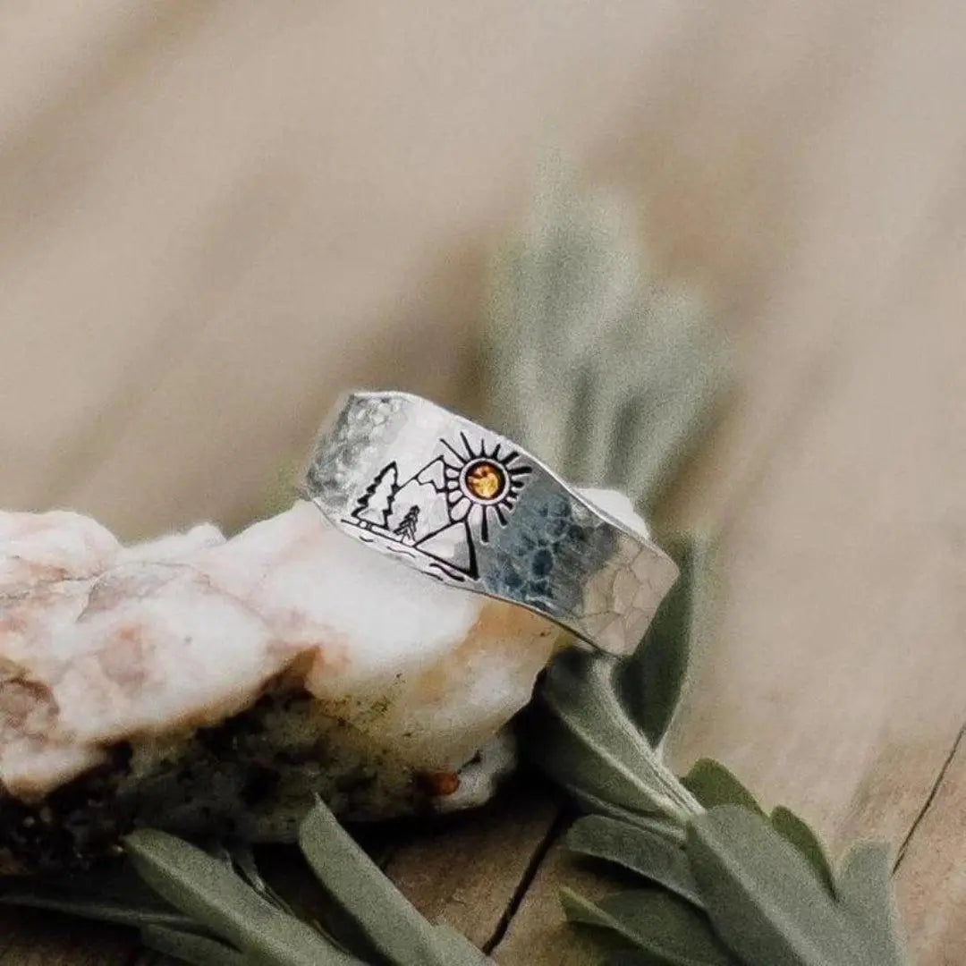 Sun & Mountain Silver Ring Unique Joyas