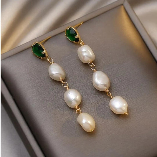 Emerald Pearl Pendant Earrings in Gold Unique Joyas