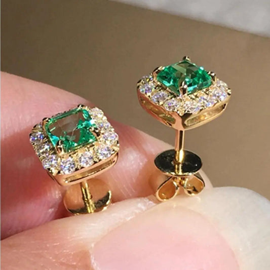 Earrings with Green Crystal and Gold Unique Joyas