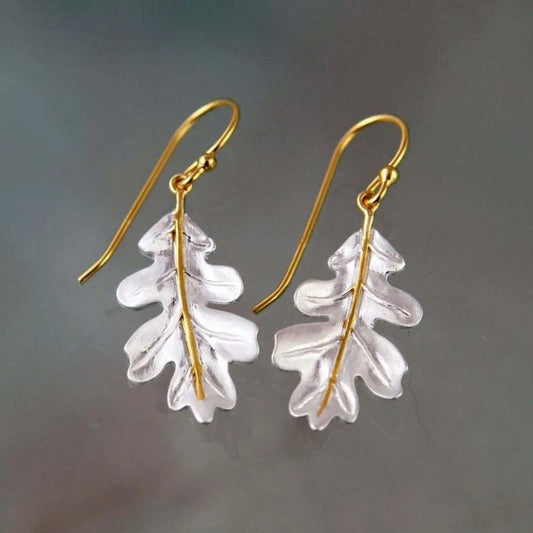 Boho Earrings in Gold with White Leaves Unique Joyas