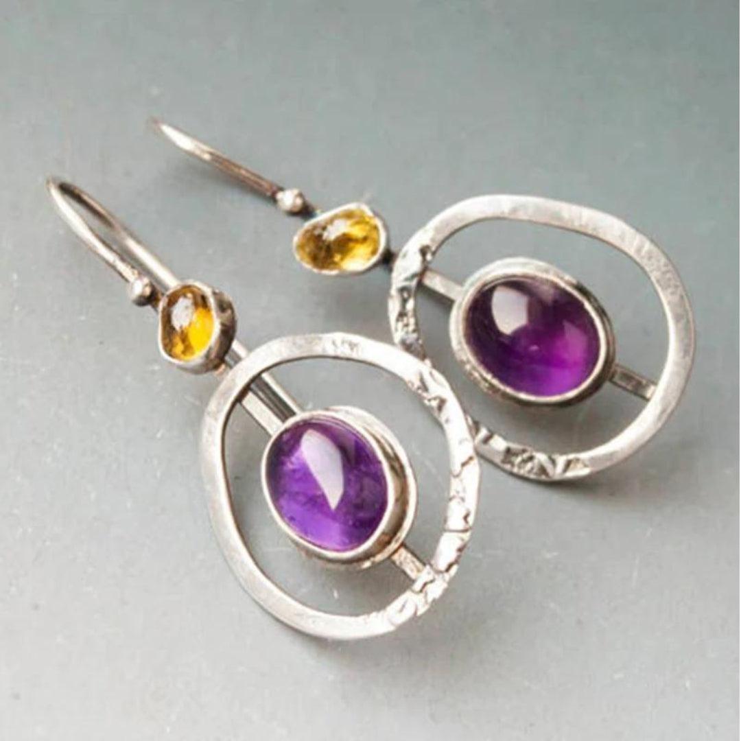 Round Boho Earrings with Amethyst in Silver