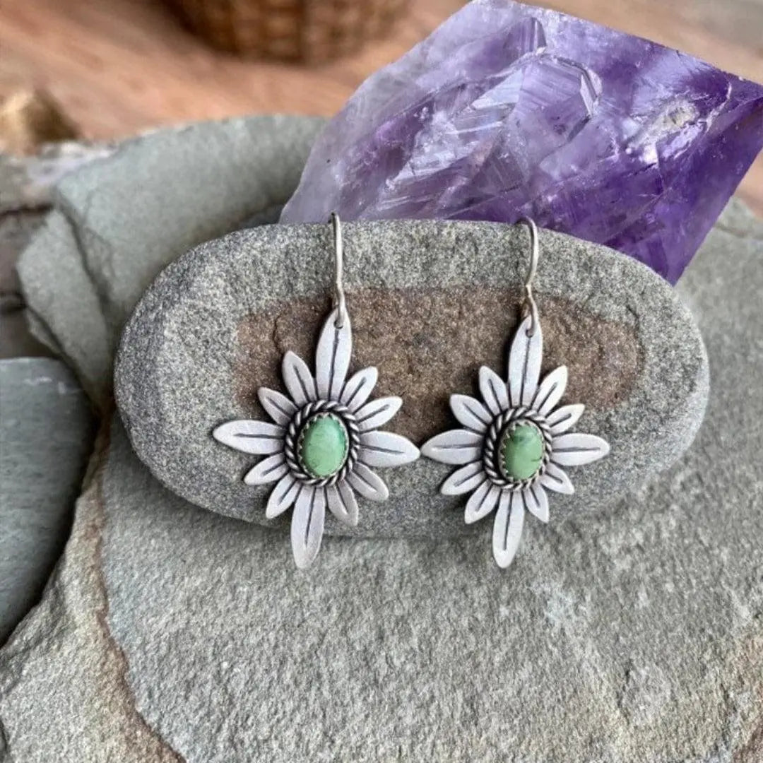 Sterling Silver Lotus Earrings with Green Stones Unique Joyas