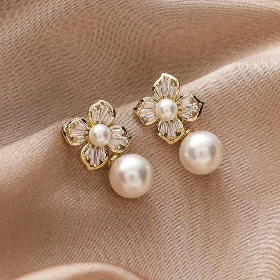 Crystal Flower Earrings with Gold Pearls Unique Joyas