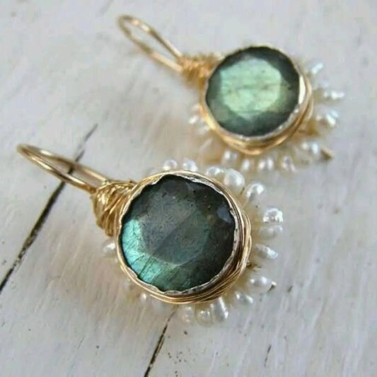 Vintage Green Stone Golden Earrings Unique Joyas