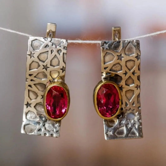 Vintage Gold & Silver Red Zirconia Earrings Unique Joyas