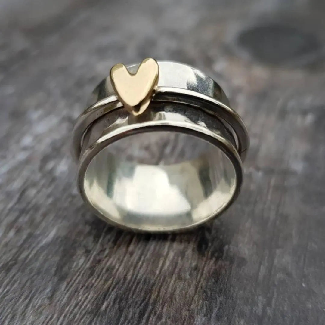 Vintage Golden Heart Silver Ring Unique Joyas