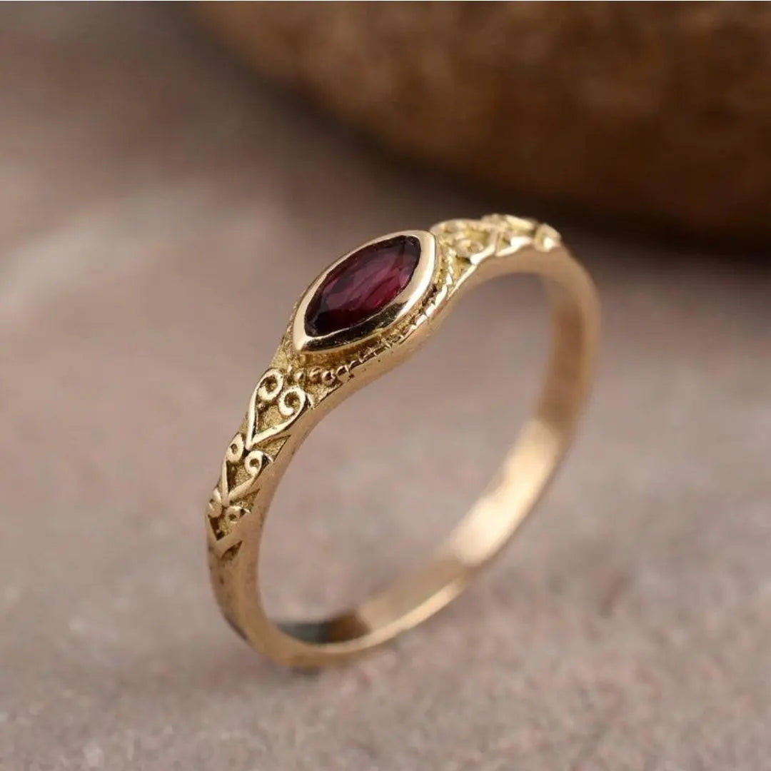 Golden Vintage Ring with Red Crystal Unique Joyas