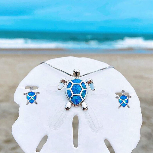 Sea Turtle Necklace + Earrings Set made of Opal and Silver Unique Joyas