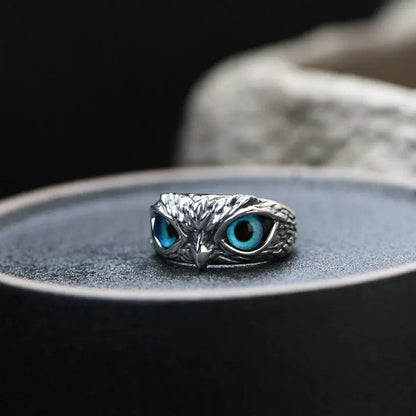 Owl of good luck adjustable ring in silver and opal