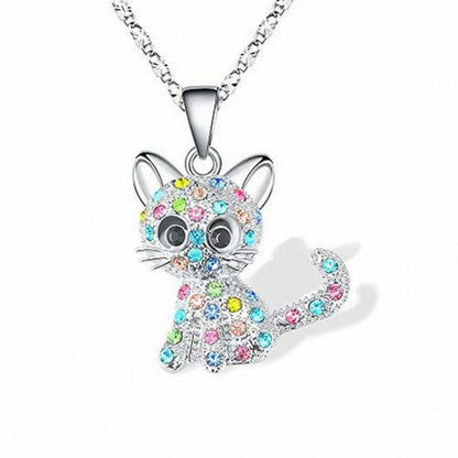 Silver Baby Kittens and Colored Zirconia Necklace