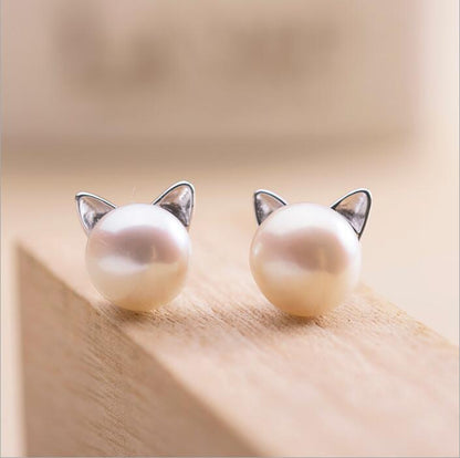 Kitten Earrings with Cultured Pearls and Silver