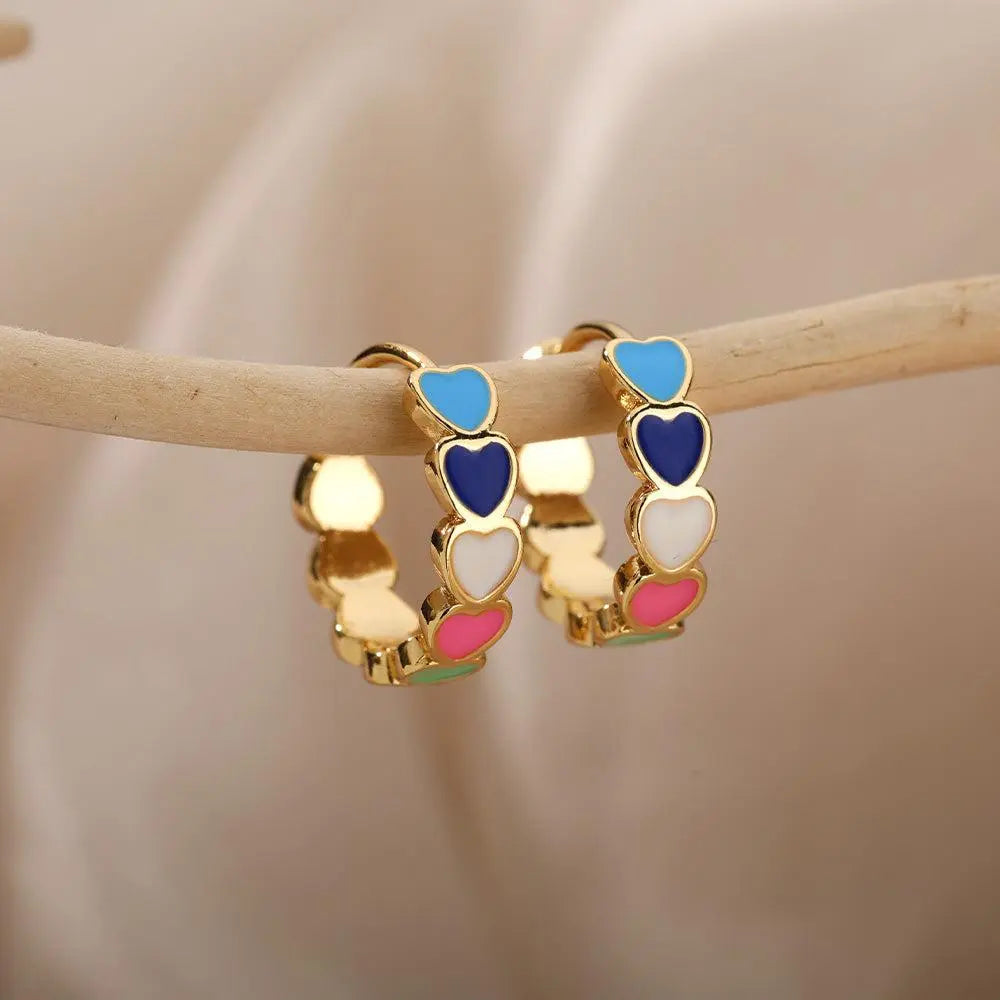 Minimalist Multicolored Hearts in Gold Earrings Unique Joyas