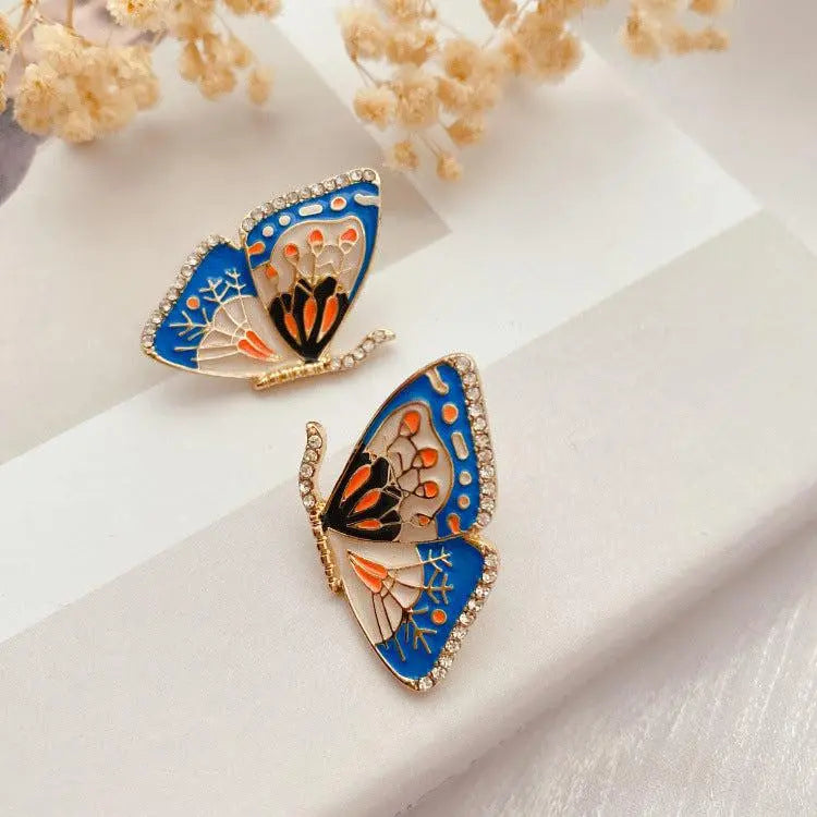 Vintage Blue Enamel Butterfly Earrings Unique Joyas