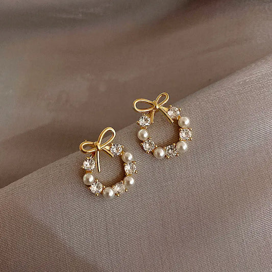 Chic Bow Hoop Earrings with Pearl Details