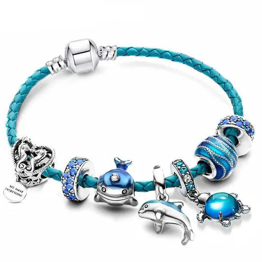 Ocean Style Armband + Charms included in leather and silver Unique Joyas