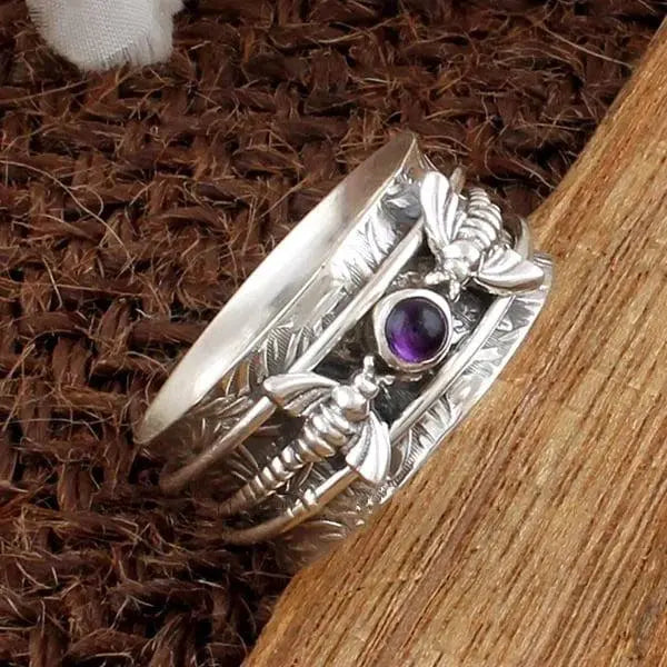 Bee Purple Gemstone Meditation Ring Unique Joyas