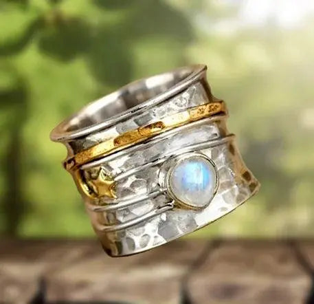 Star and Moon Moonstone Spinner Ring Unique Joyas