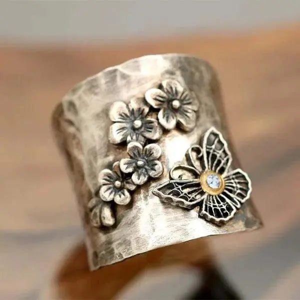 Bee Flower Butterfly Wide Band Ring Unique Joyas