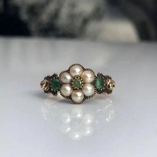 Vintage Green Beaded Flower Ring Unique Joyas