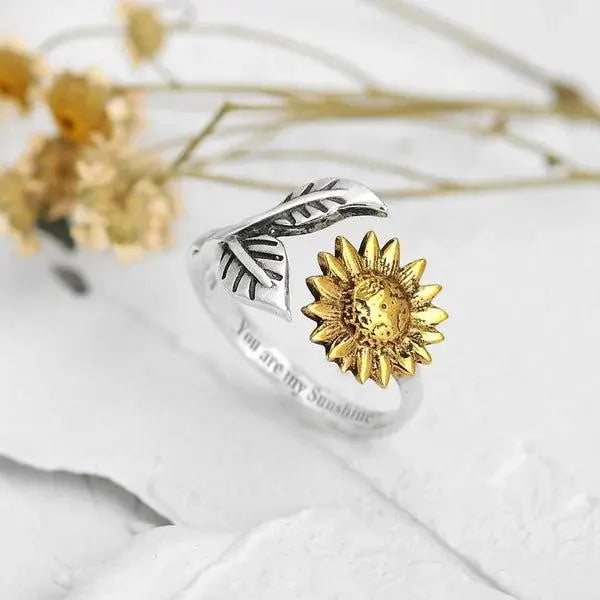 Adjustable Gold Sunflower Ring Unique Joyas