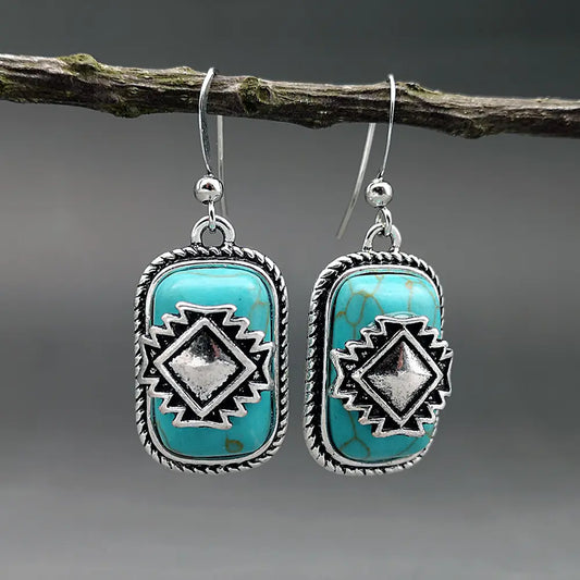 Ethnic Silver-Plated Turquoise Stone Earrings Unique Joyas