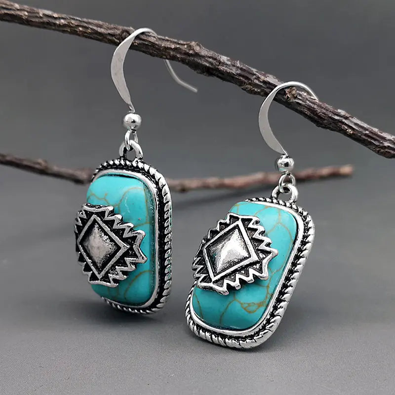 Ethnic Silver-Plated Turquoise Stone Earrings Unique Joyas