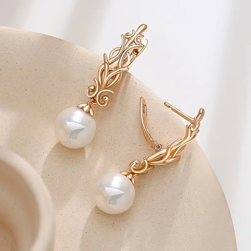 Elegant Earrings Golden Pearl Forest Unique Joyas