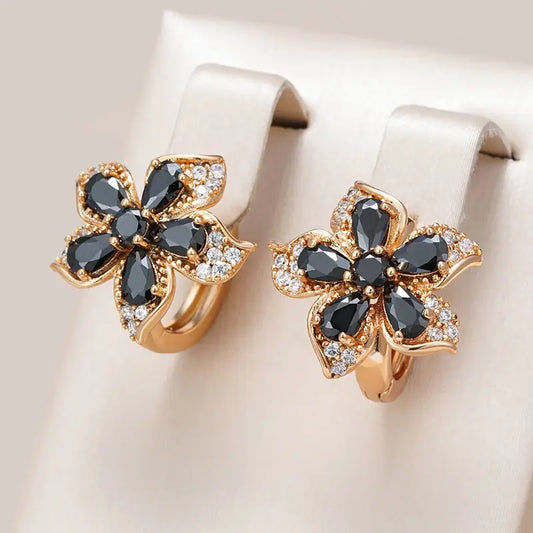 Elegant Black Crystal Flower Earrings Unique Joyas