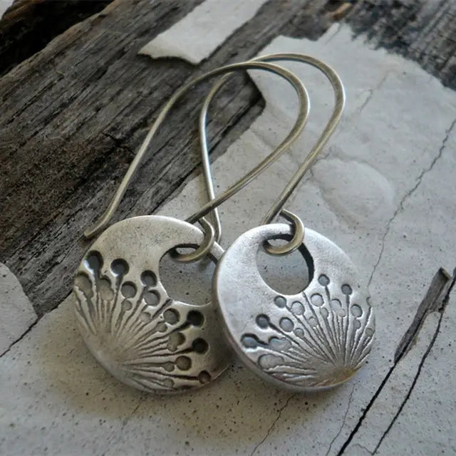 Silver Round Dandelion Earrings Unique Joyas