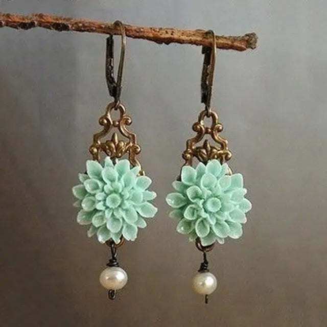 Boho Earrings with Turquoise Flower and Pearl Unique Joyas