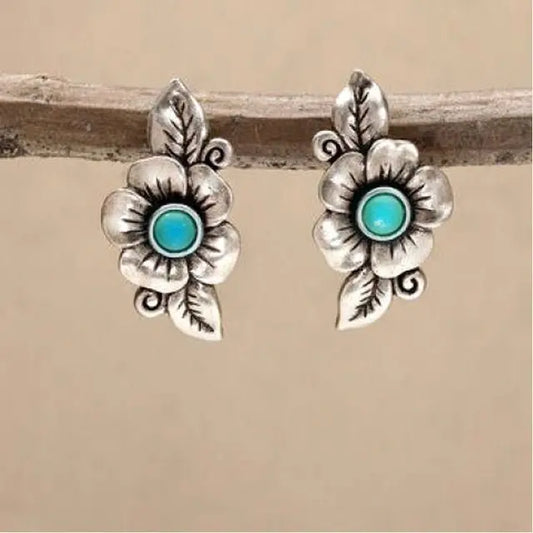 Boho earrings with blue opal flower made of sterling silver Unique Joyas