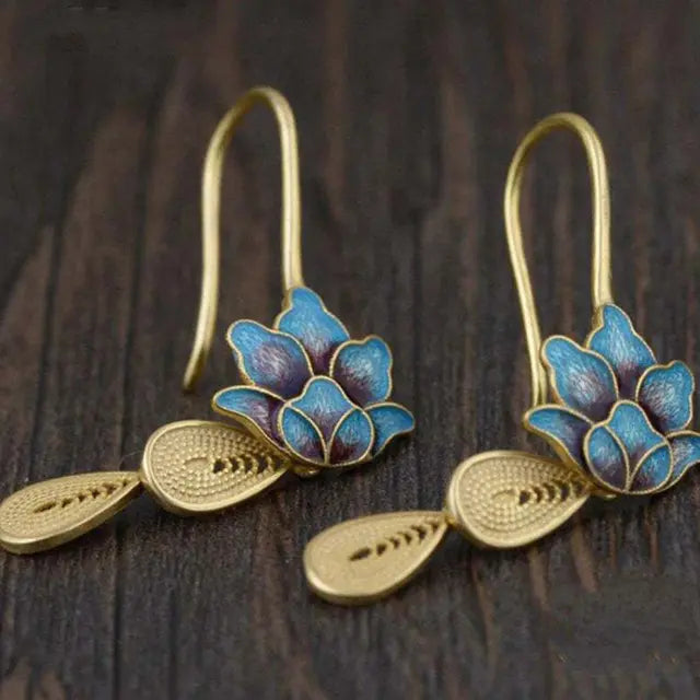 Blue Lotus Boho Earrings in Gold Unique Joyas