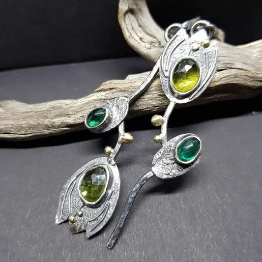 Boho earrings with green stones made of sterling silver Unique Joyas