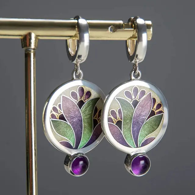 Boho Earrings with Purple Crystals in Sterling Silver Unique Joyas