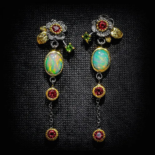 Boho earrings with opal and red zirconia Unique Joyas