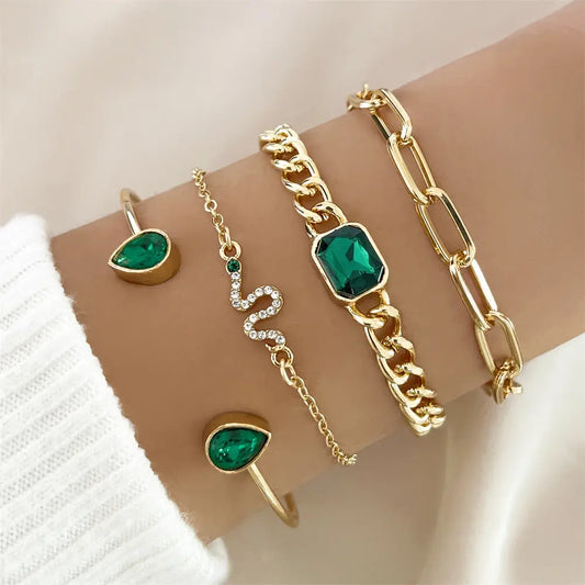 Pack of Bracelets with Green Crystals Unique Joyas