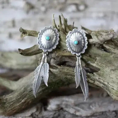 Vintage Feather-Turquoise Earrings Unique Joyas