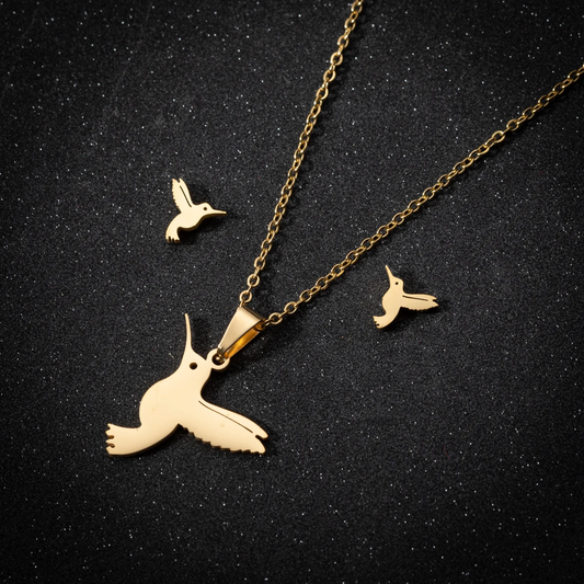 Golden Hummingbird Necklace + Earrings