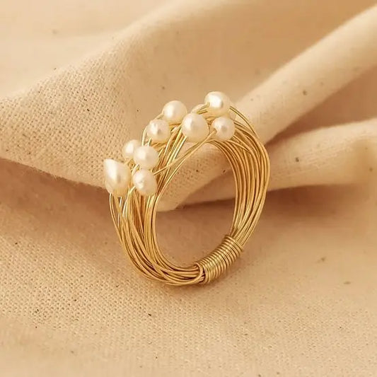 Ring with Pearls and Gold Threads Unique Joyas