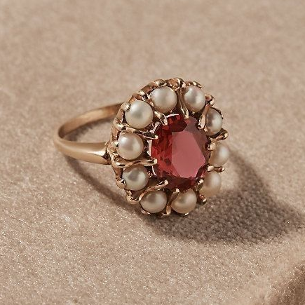 Red Crystal Ring with Vintage Pearls