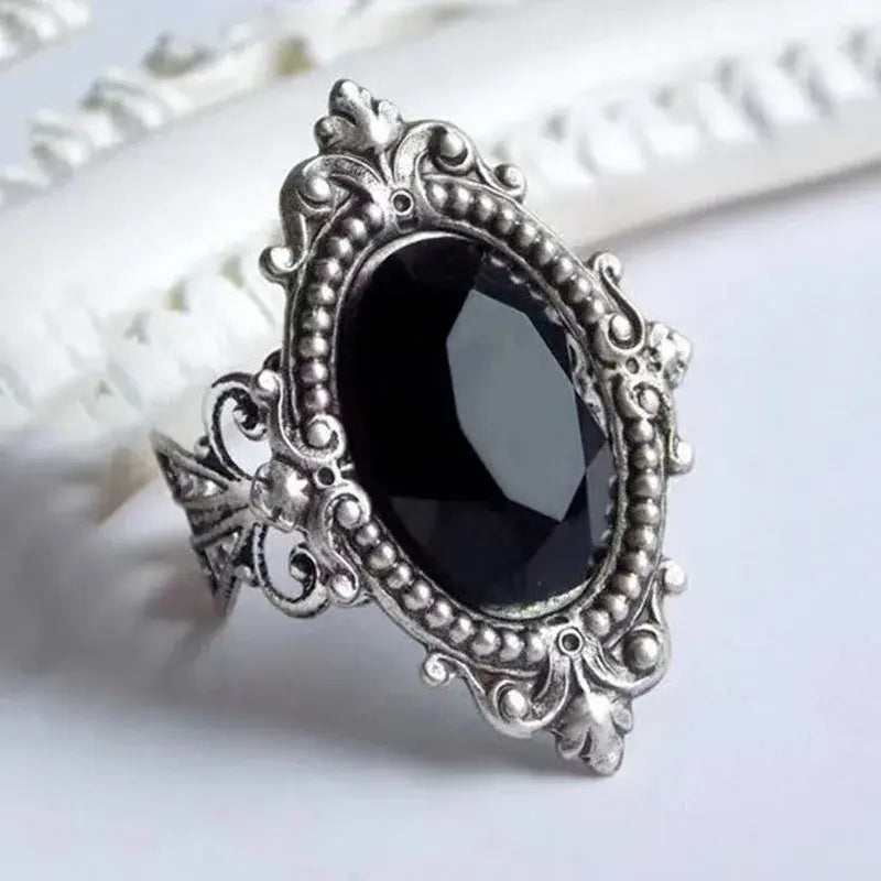 Boho Black Stone Ring in Silver Unique Joyas